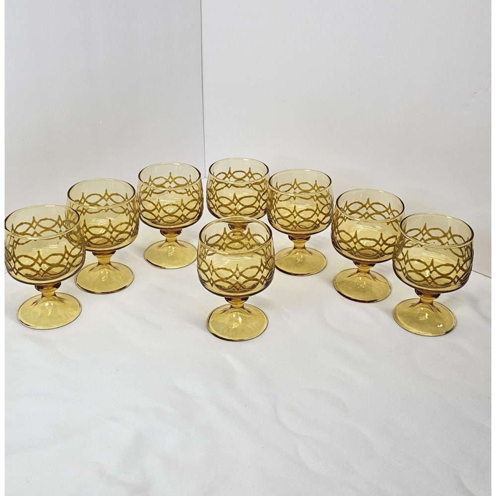 Vintage MCM Amber Gold Glass Goblets Set 8 Lattice Pedestal Wine Cups Textured
